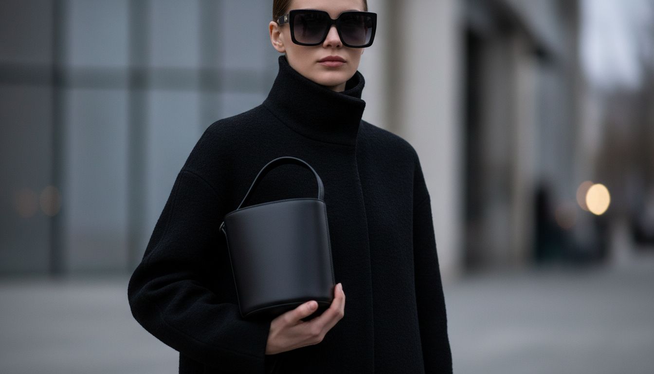 Женщина в черном шерстяном пальто с высоким воротником-стойкой, в руках у нее строгая сумка-ведро, а на лице - крупные квадратные очки.
