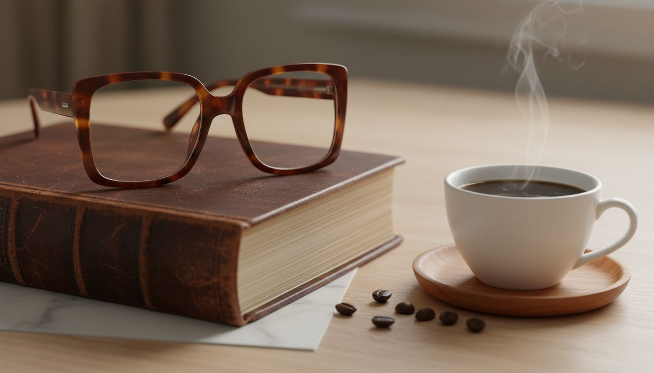 Стильный натюрморт: массивные квадратные очки лежат на толстой книге в кожаном переплете рядом с чашкой кофе.