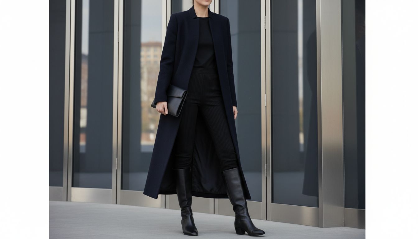 Стилизованный образ с черными брюками со штрипками и длинным, тонким, темно-синим пальто, подчеркивающий вертикаль и элегантность.