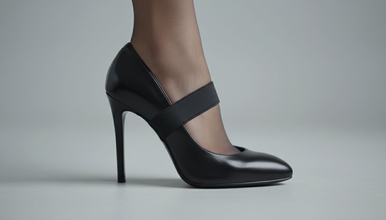 Детальный снимок, показывающий, как штрипка обхватывает высокий каблук классической черной лодочки, создавая эффектный акцент.