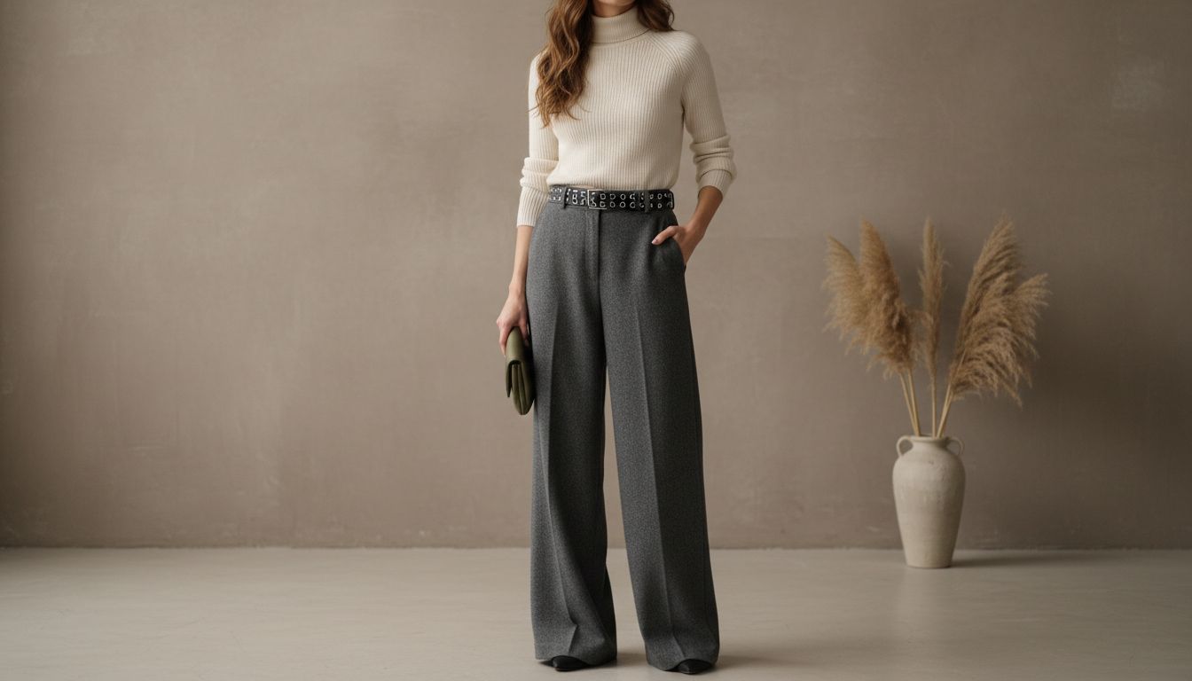 Стилизованный образ: шерстяные брюки-палаццо и тонкий кожаный ремень, обильно украшенный мелкими люверсами, подчеркивающий талию.