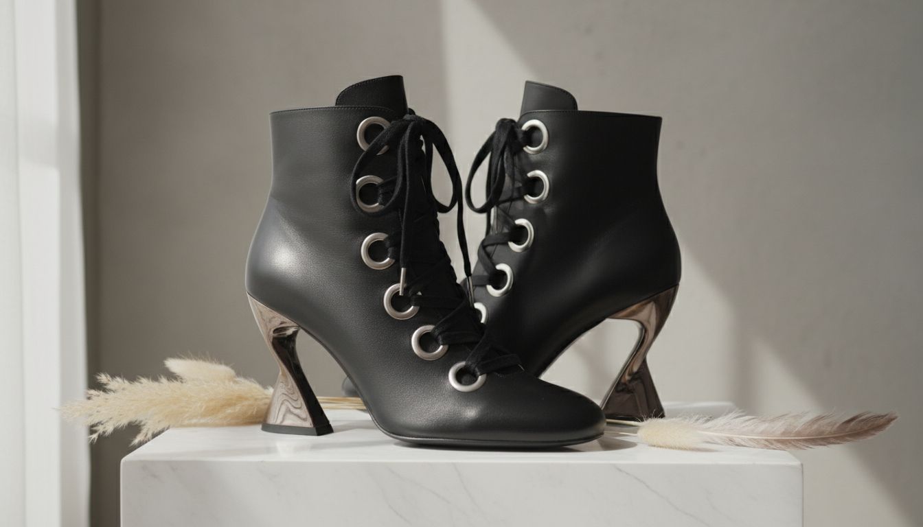 Ботильоны на скульптурном каблуке, где люверсы используются как часть декоративной шнуровки.