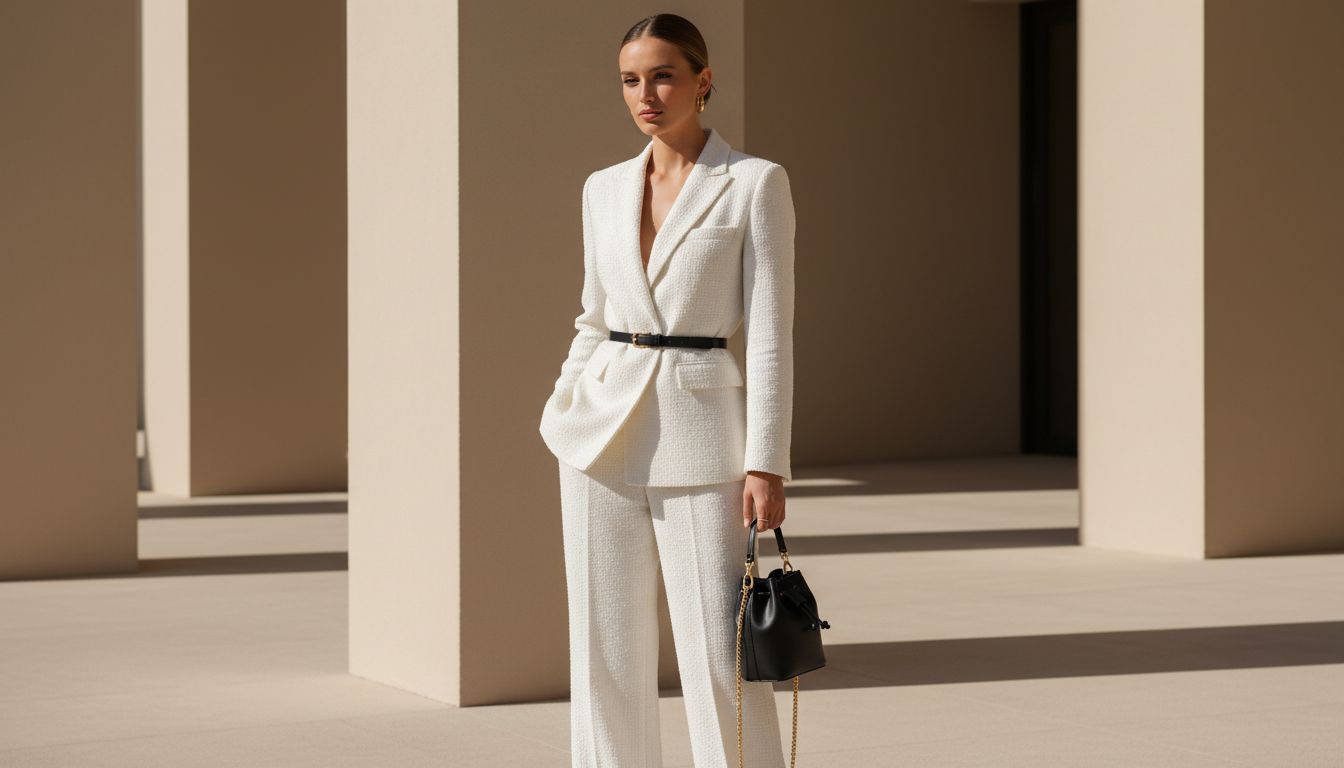 Женщина в белом букле-костюме, дополненном черным тонким ремнем, подчеркивающим талию, и маленькой структурированной сумкой-ведром.
