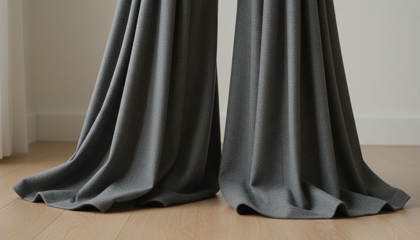 Крупный план идеальной драпировки тяжелой шерстяной ткани на экстремально широких брюках-палаццо, касающихся пола.