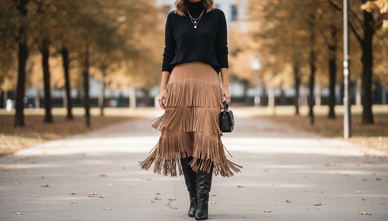 Модель в длинной замшевой юбке с бахромой, сочетающая ее с гладким черным свитером и высокими кожаными сапогами, демонстрируя идеальный баланс текстур.