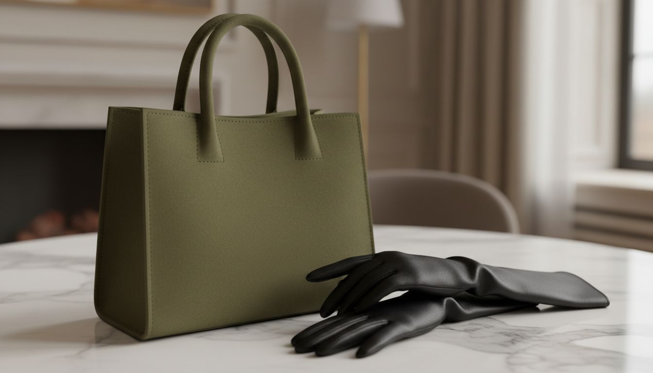 Крупный план на сумку с короткой ручкой из плотной замши, стоящую на мраморном столе, рядом с оперными перчатками.