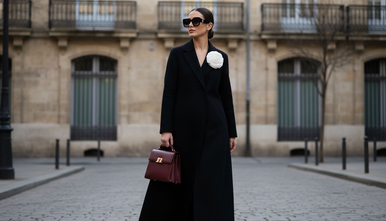 Элегантная женщина в длинном черном пальто, на воротнике которого приколота крупная белая розетка. В руках у нее структурированная сумка.
