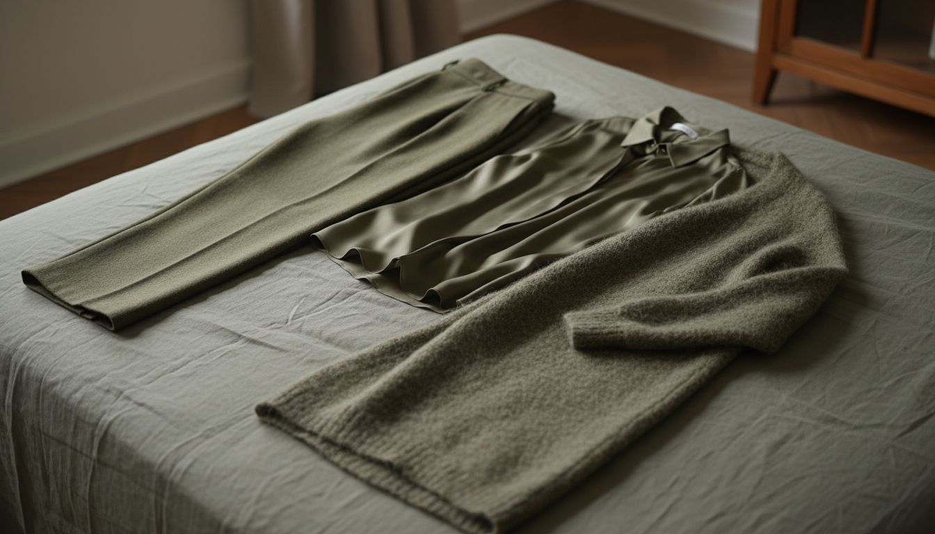 Набор из трех предметов в монохромной оливковой гамме: шерстяные брюки, шелковая блузка и длинный кардиган из мохера, демонстрирующий игру текстур.