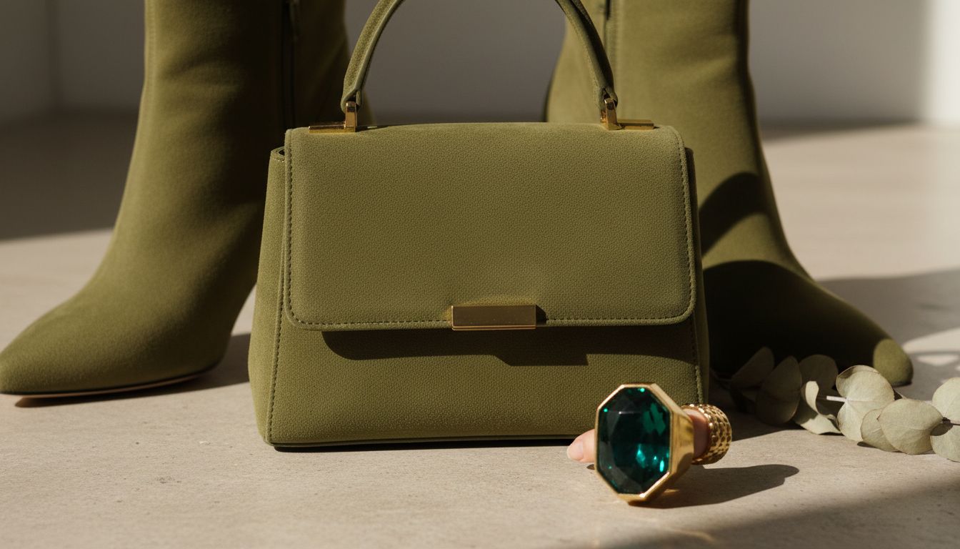Крупный план аксессуаров: сумка из плотной замши мшистого оливкового цвета, золотое кольцо с массивным зеленым камнем и высокие ботильоны.