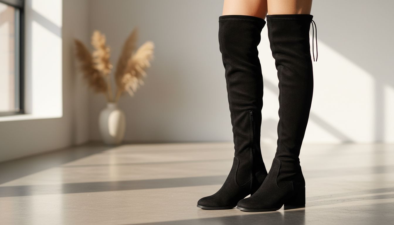 Крупный план облегающих черных замшевых ботфортов на низком каблуке, подчеркивающих форму ноги.