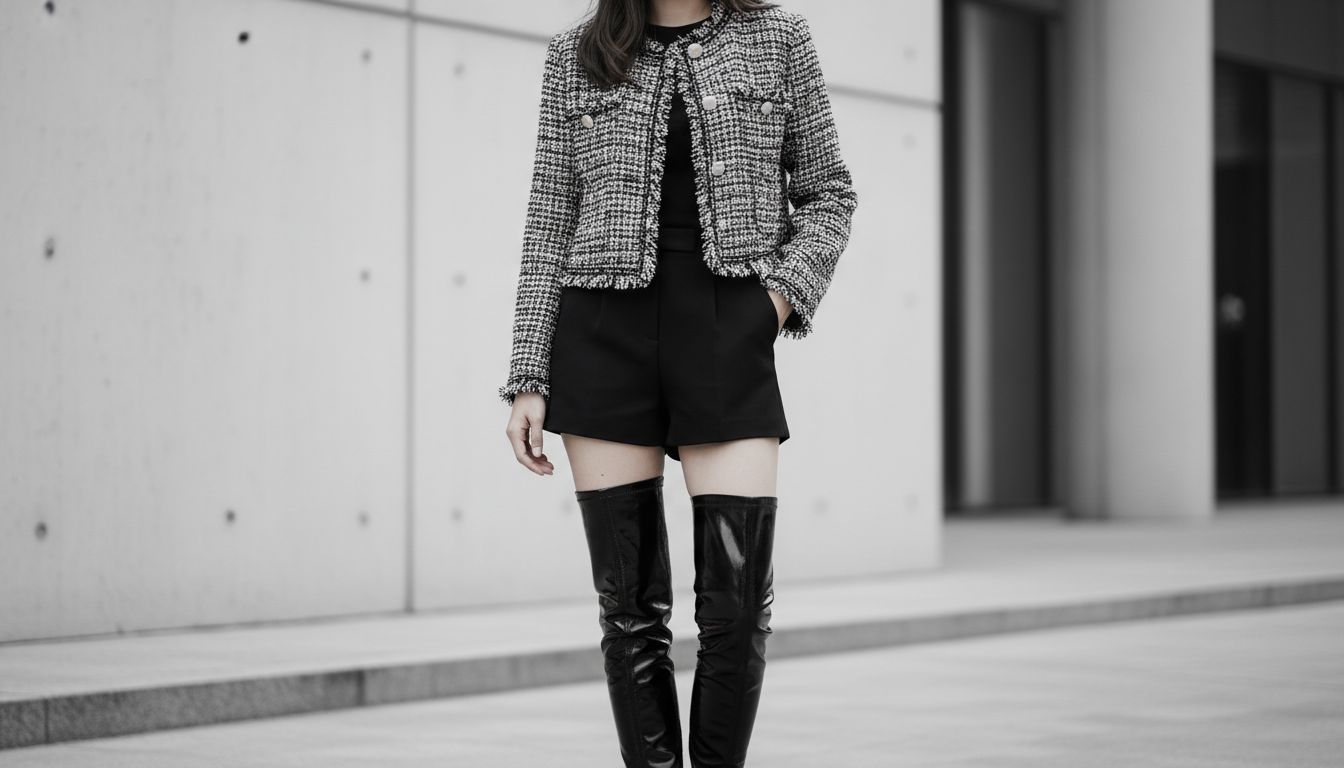 Модель в черных кожаных облегающих ботфортах, стилизованных с плотными черными шортами и укороченным твидовым жакетом.