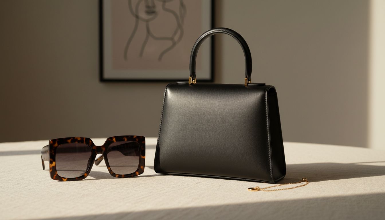 Коллаж из аксессуаров: строгая черная сумка с короткой ручкой, массивные квадратные очки в черепаховой оправе и тонкий золотой браслет.
