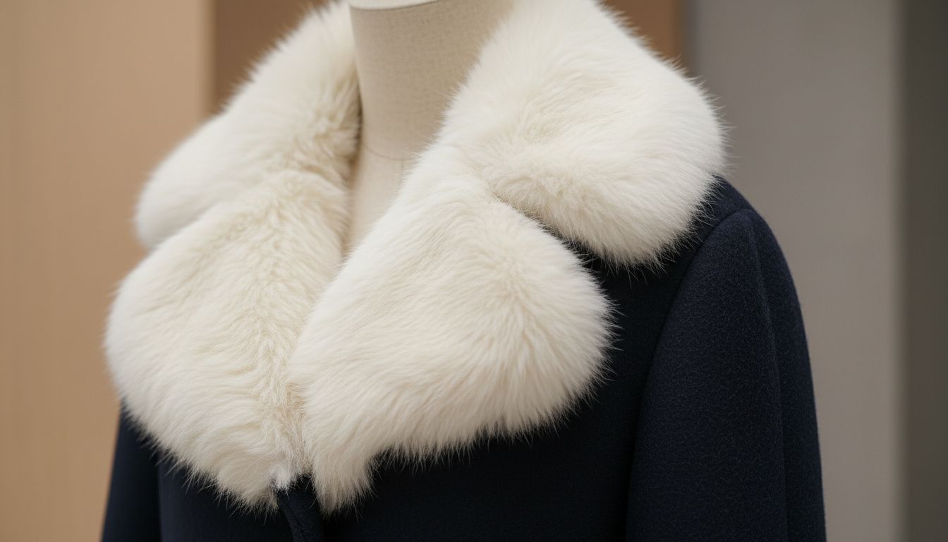 Крупный план воротника и манжет на пальто из темно-синей шерсти, отделанных объемным искусственным мехом цвета слоновой кости.
