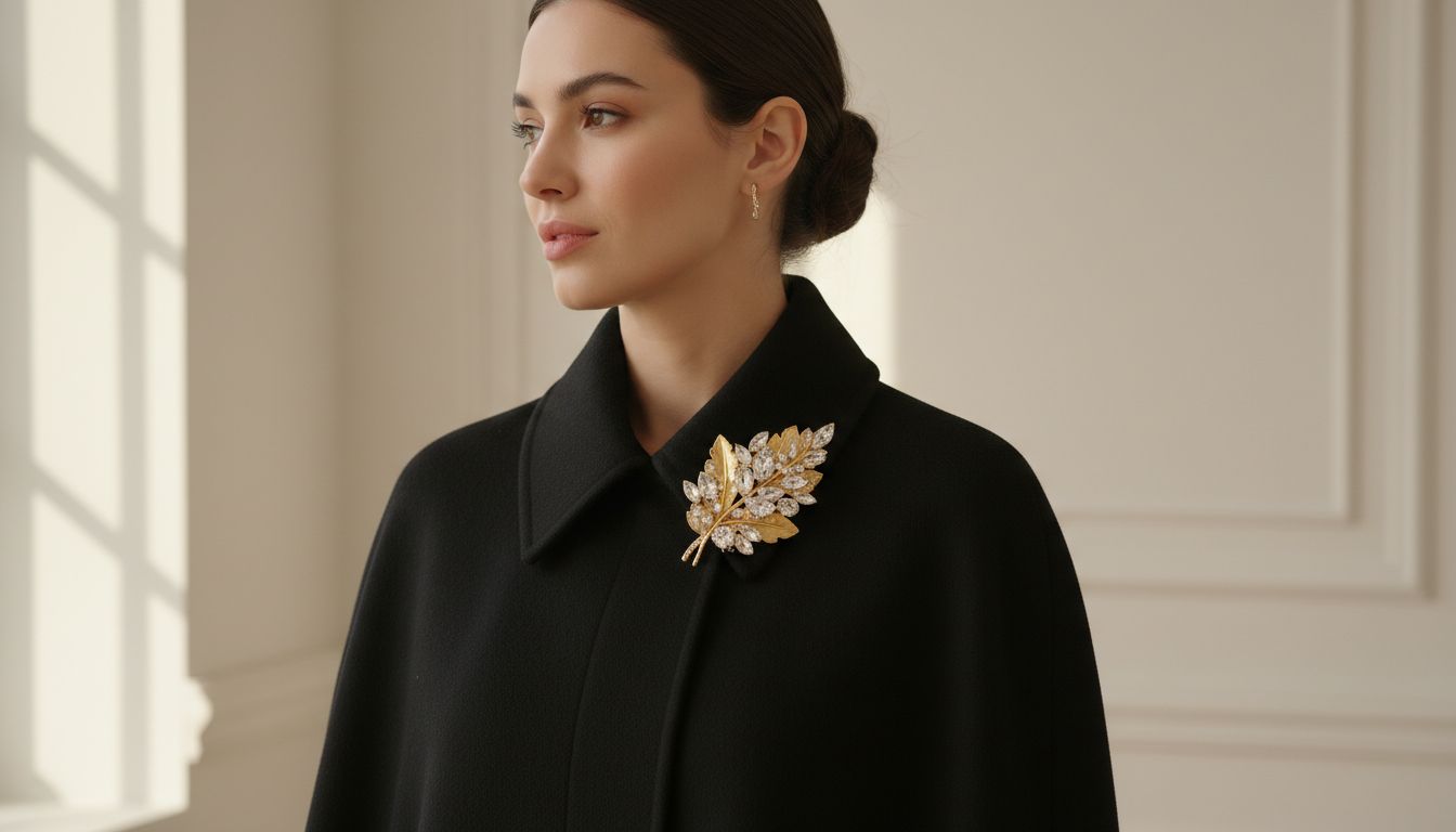 Женщина в черном шерстяном кейпе, на воротнике которого закреплена крупная брошь в виде золотого листа с кристаллами.