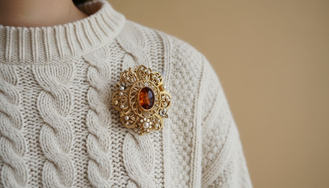 Брошь, составленная из нескольких винтажных золотых элементов, приколота к плотному свитеру крупной вязки.