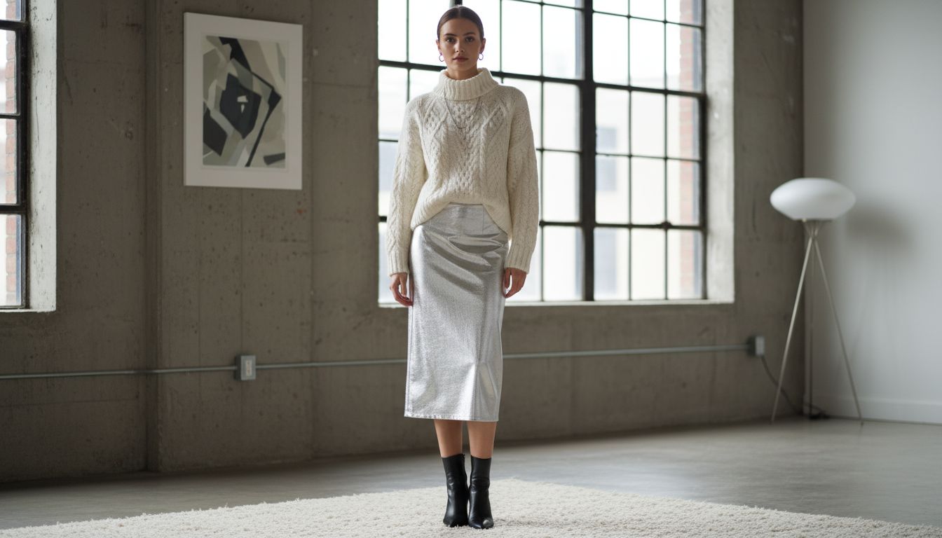 Модель в юбке-миди из серебряного глянцевого материала, заправленной в массивный свитер крупной вязки цвета слоновой кости.