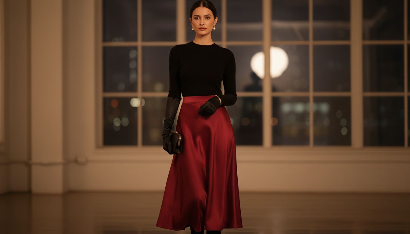 Вечерний образ: юбка-миди из глянцевого винного атласа (Oxblood) с тонким черным кашемировым топом и оперными перчатками.