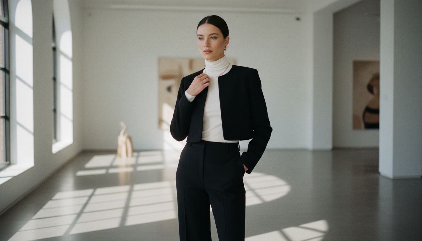 Женщина в черном шерстяном укороченном жакете-болеро, надетом на тонкую белую водолазку, и брюках с высокой посадкой в тон.