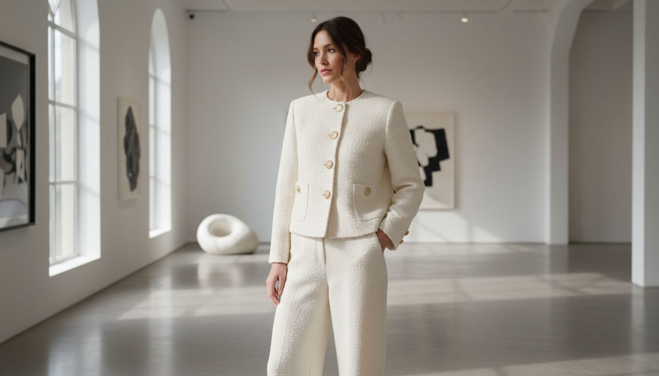 Девушка в роскошном жакете-болеро из плотного букле кремового цвета, дополненном золотыми пуговицами, в паре с широкими брюками в тон.