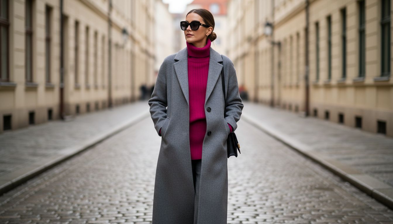 Девушка в длинном сером пальто, из-под которого выглядывает яркий свитер или водолазка цвета мадженты, создавая эффектный многослойный контраст.