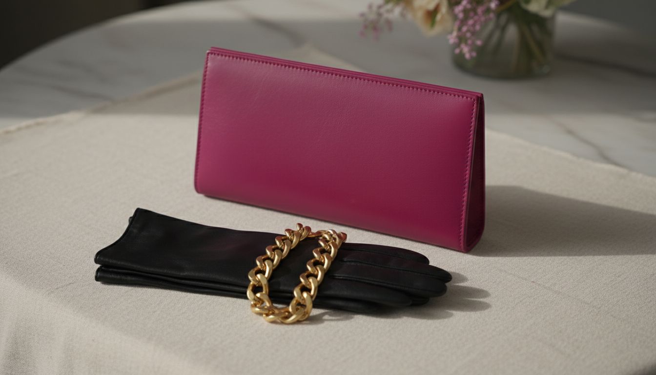 Акцентный клатч цвета электрической мадженты из гладкой кожи, лежащий рядом с кожаными перчатками и массивным золотым браслетом.