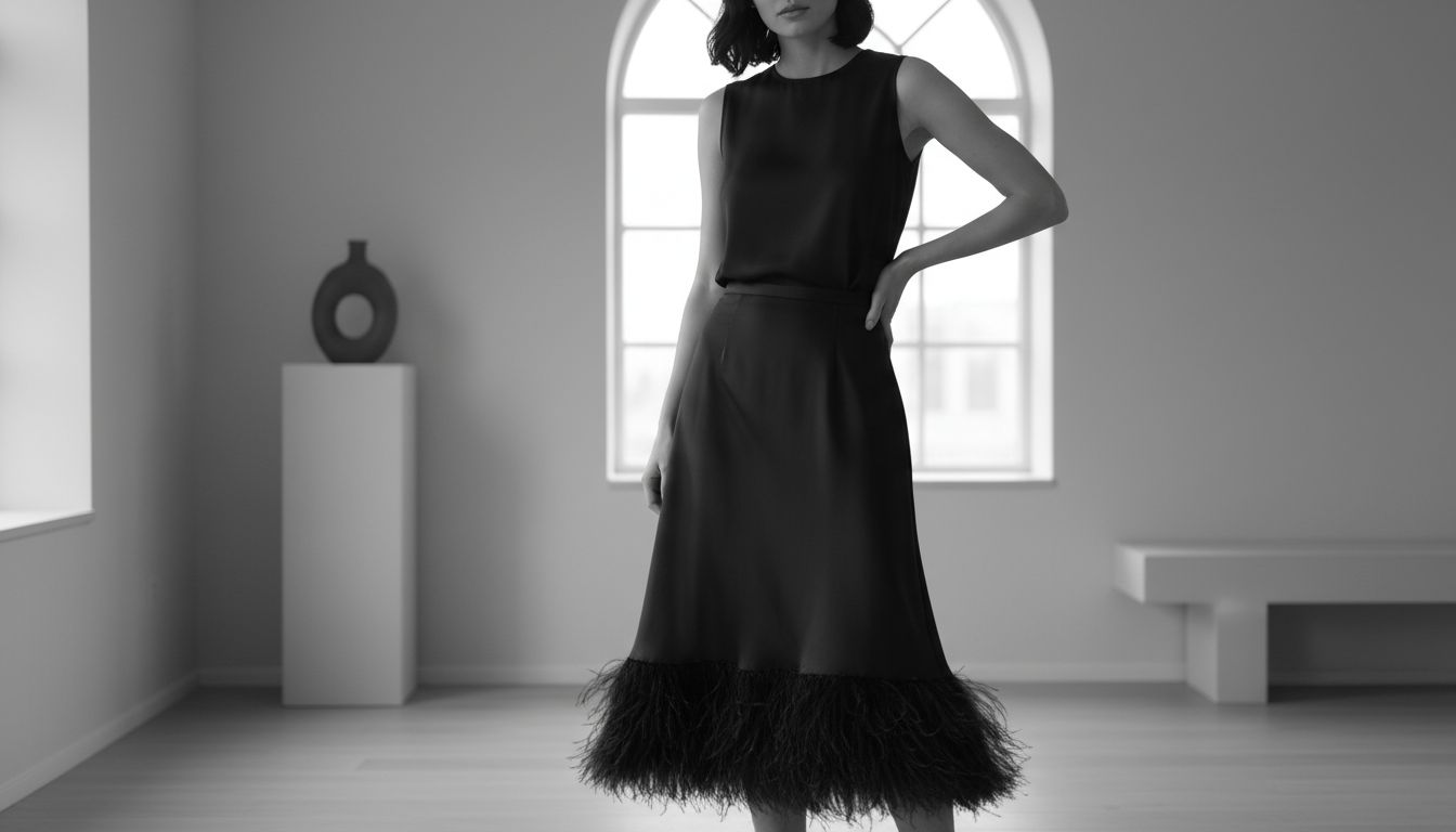 Юбка-миди из плотного черного атласа с широкой каймой из перьев страуса на подоле, в сочетании с гладким черным топом.