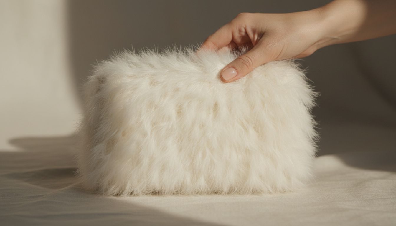 Аксессуар-сумка-клатч, полностью отделанная короткими пушистыми перьями в оттенке слоновой кости.