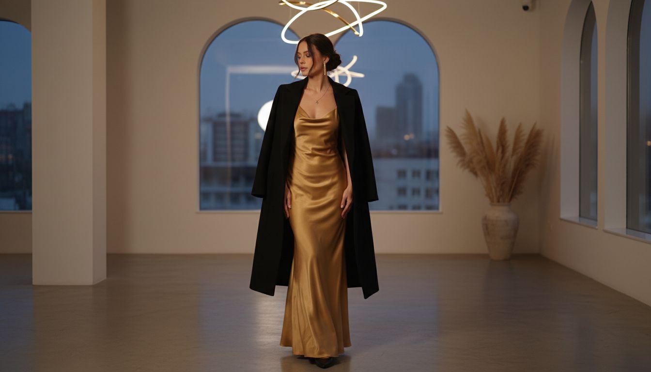 Женщина в длинном, струящемся золотом платье-комбинации с матовым блеском, накинутом на плечи черное пальто.