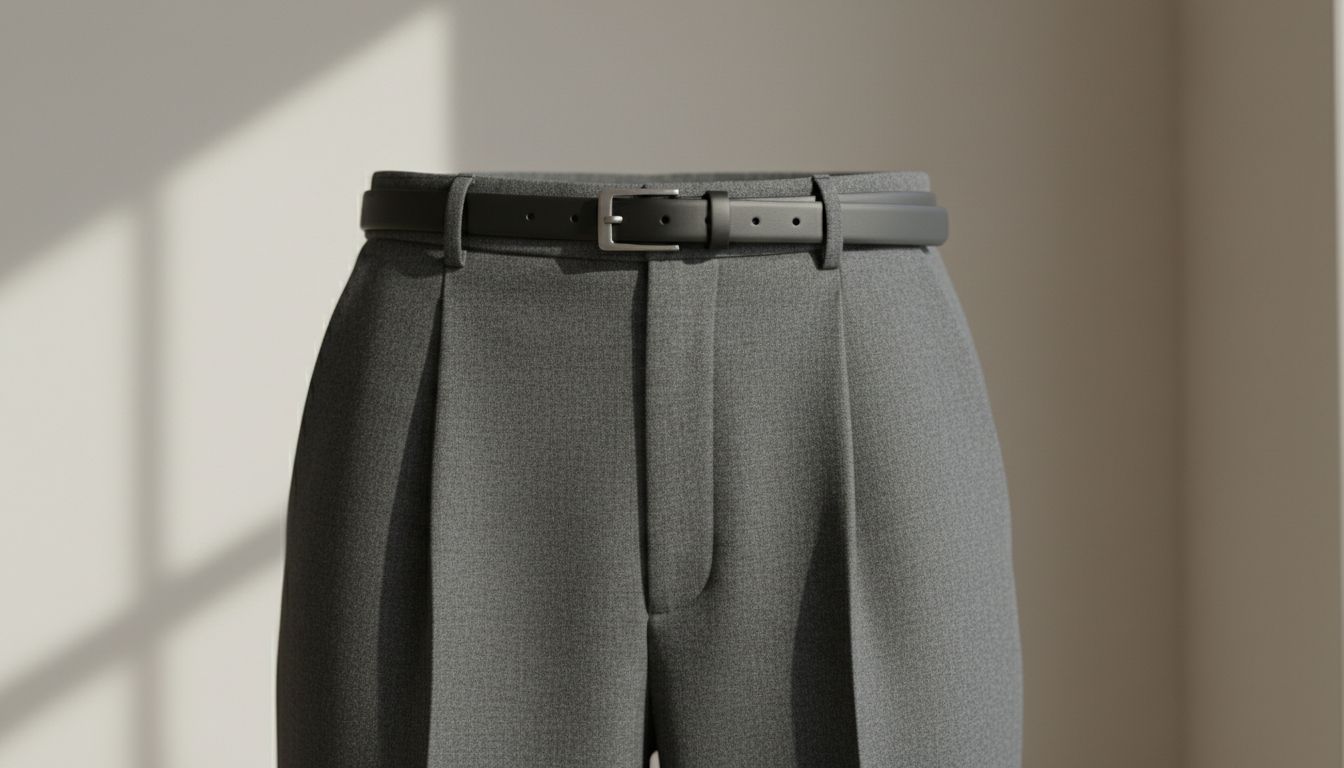 Крупный план на низкую посадку строгих шерстяных брюк, демонстрирующий идеальный крой и складки, и тонкий ремень, продетый в шлевки.