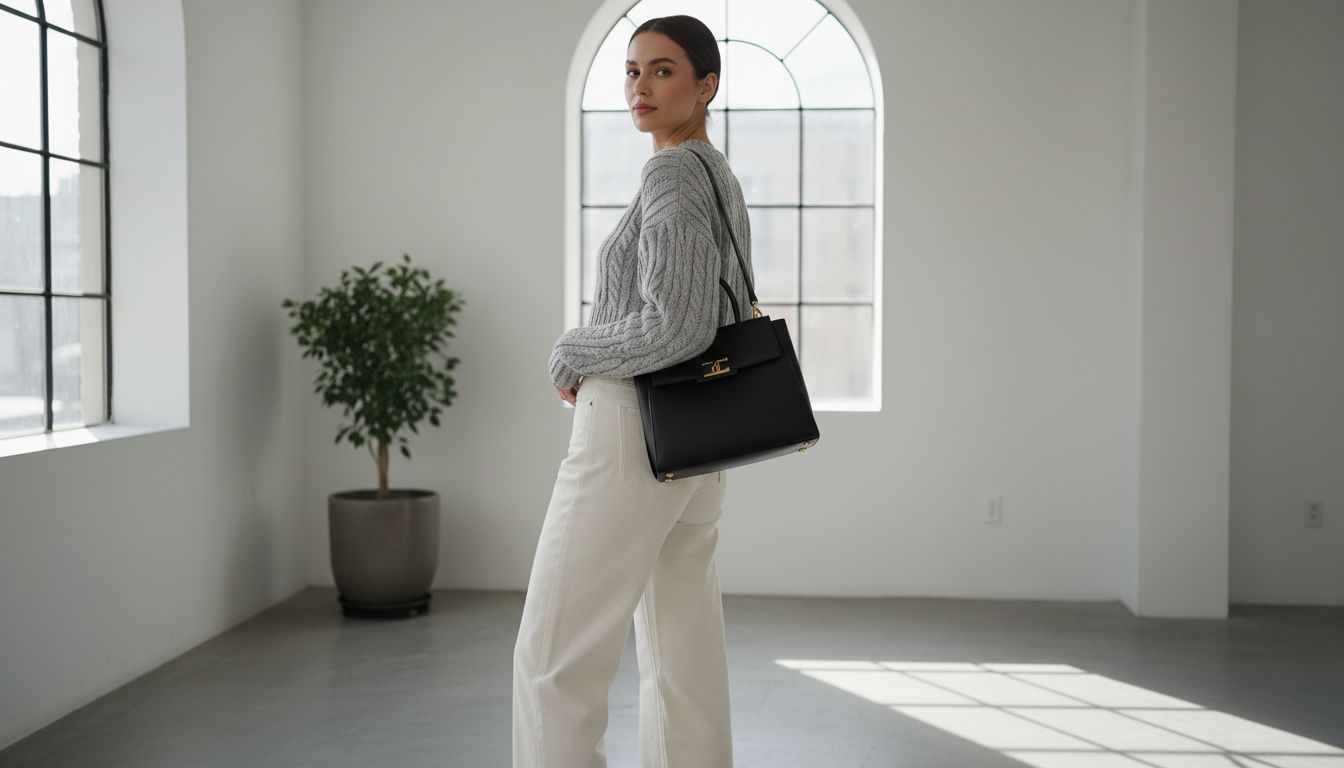 Брюки с низкой посадкой и укороченный свитер крупной вязки, дополненные структурированной сумкой-тоут.