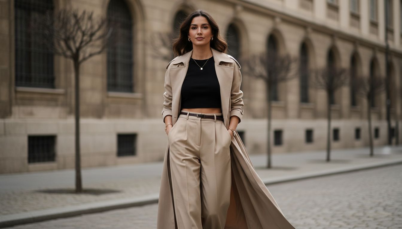 Образ street style: девушка в низких широких брюках, коротком черном топе и длинном бежевом тренче, с тонким ремнем и минималистичными украшениями.