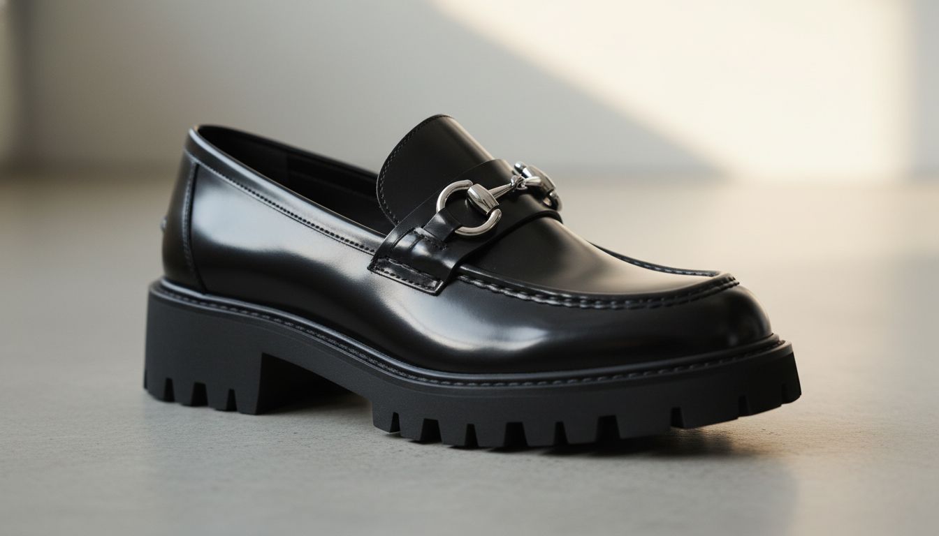 Крупный план массивной подошвы лоферов и металлической фурнитуры, демонстрирующий качество глянцевой кожи.
