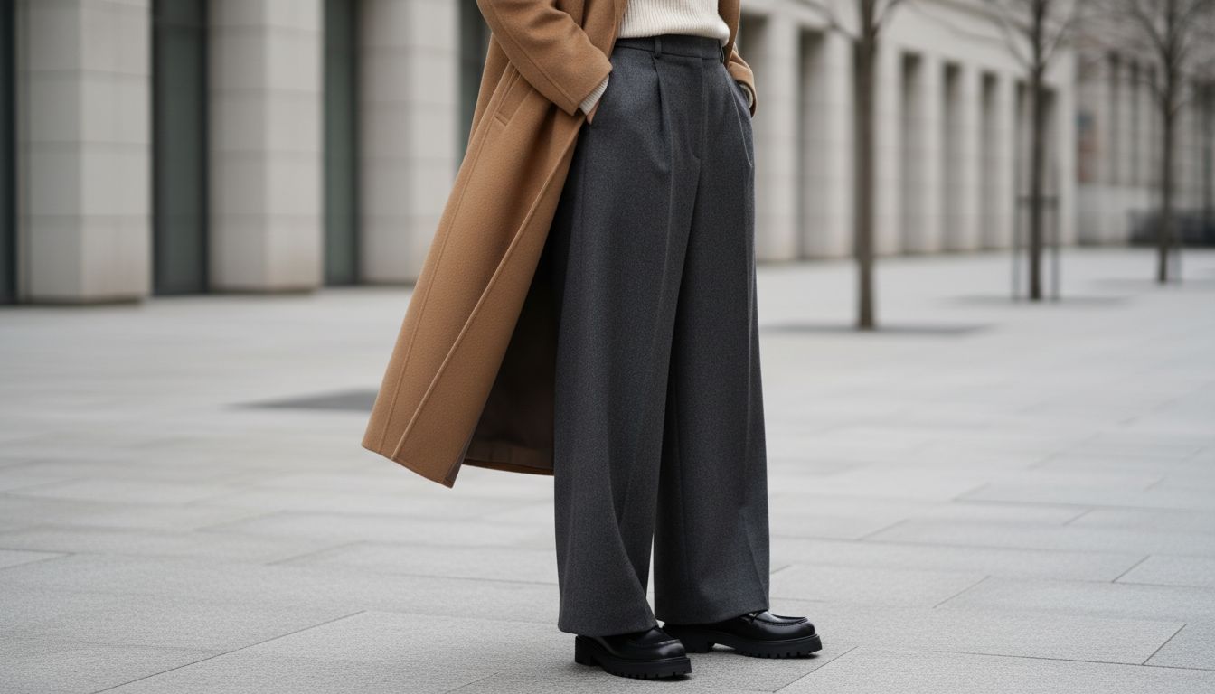 Лоферы на платформе, стилизованные с длинным шерстяным пальто и широкими брюками, создающими силуэт "А".