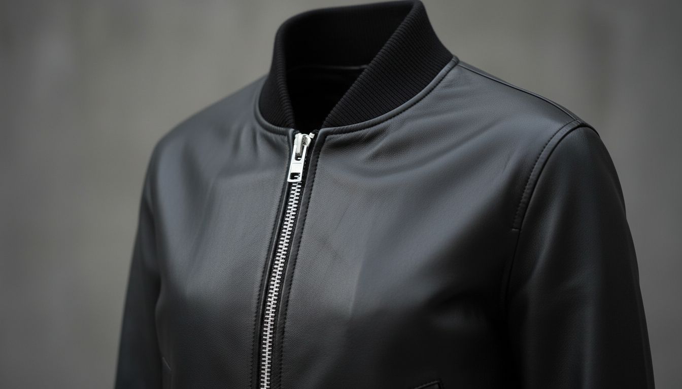 Крупный план структурированного бомбера из черной матовой кожи с массивной металлической молнией и плотной трикотажной резинкой на манжетах.