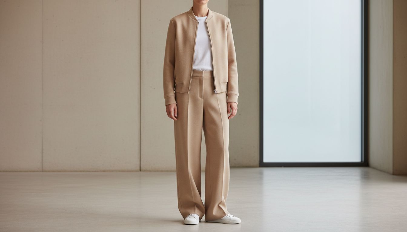Общий образ: структурированный шерстяной бомбер песочного цвета, широкие брюки в тон и минималистичные белые кроссовки для создания "спортивного люкса".