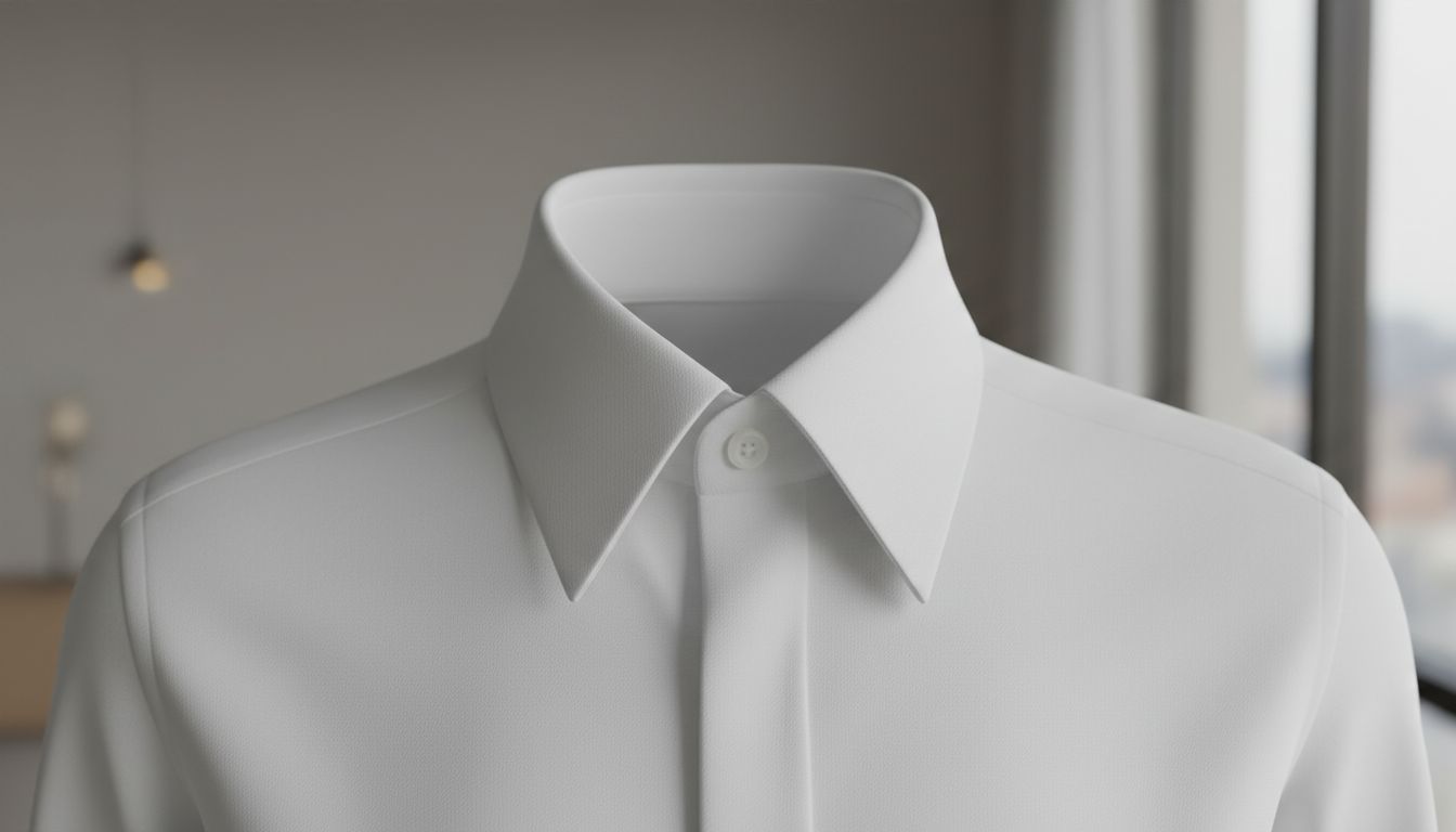 Крупный план воротника на рубашке из плотного белого поплина, острые концы которого доходят почти до середины груди.