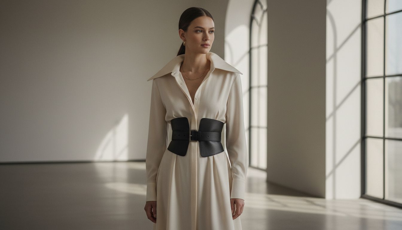 Женщина в платье-рубашке с очень длинным остроугольным воротником, образ дополнен строгим кожаным поясом на талии.