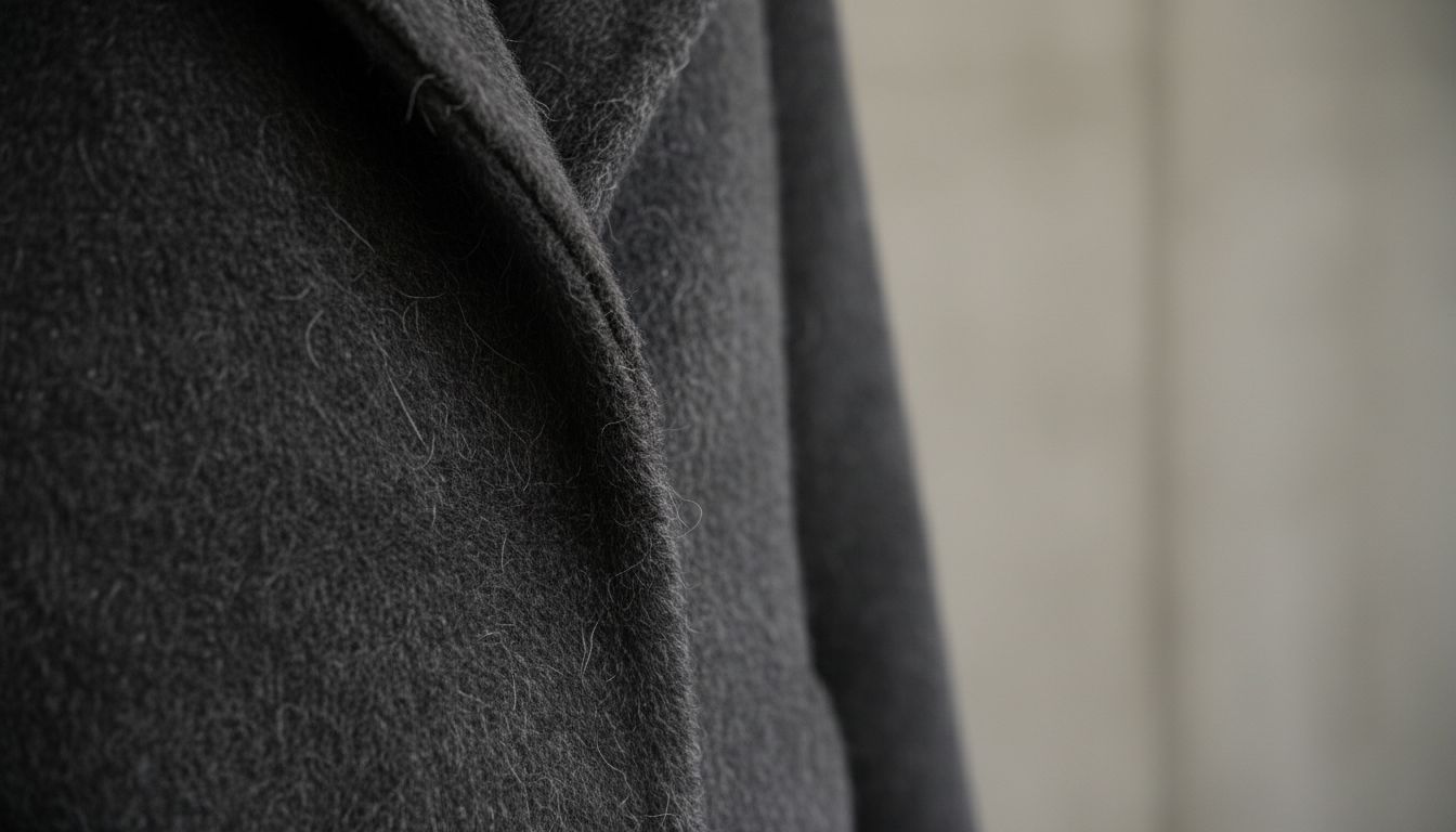 Детализация текстурного пальто из шерсти с добавлением мохера в оттенке угольно-серого, подчеркивающая глубину цвета.