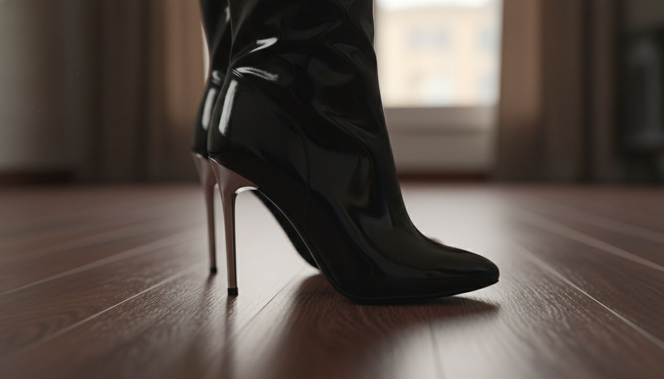 Крупный план ботфорта из черной лакированной кожи на тонком металлическом каблуке, стоящего на фоне пола из темного дерева.