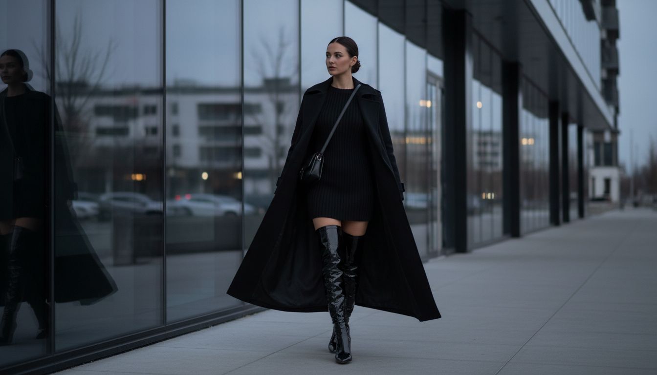 Женщина в длинном черном тренче из шерсти, который распахнут, демонстрируя лакированные ботфорты и короткое платье из плотного трикотажа.