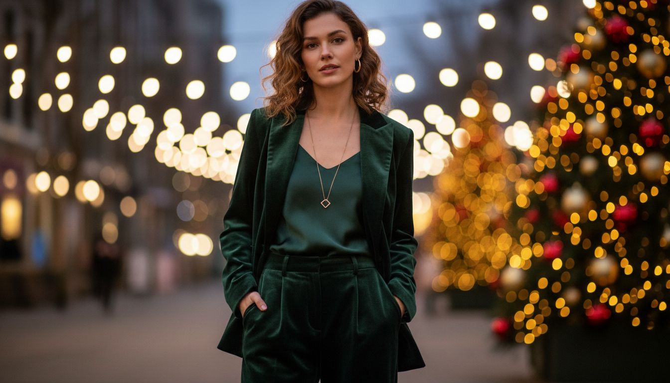 Женщина в темно-зеленом велюровом брючном костюме расслабленного кроя, стоящая на фоне праздничных огней. Образ дополнен минималистичными золотыми украшениями.
