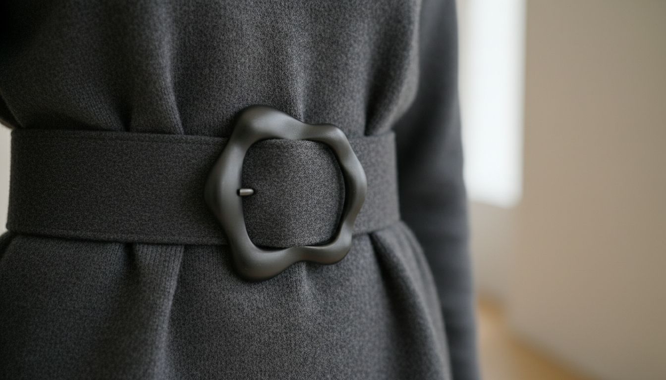 Крупный план ремня с асимметричной пряжкой из матового черненого металла, стилизованного поверх кашемирового свитера.