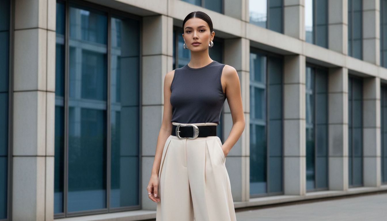 Женщина в широких брюках и облегающем топе, дополненном широким ремнем с футуристичной серебряной пряжкой, стоящая на фоне архитектурного здания.