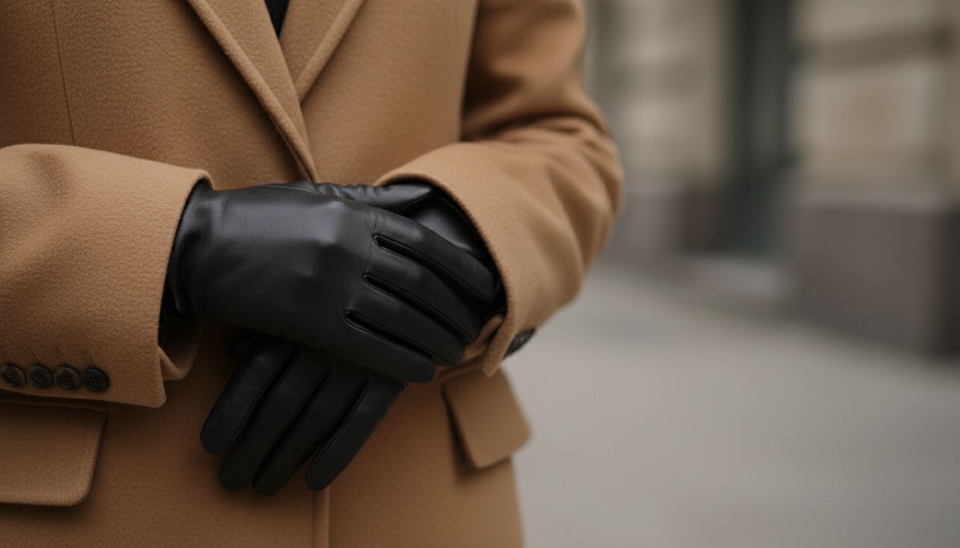 Крупный план длинных кожаных перчаток, идущих под рукав строгого шерстяного пальто цвета кэмел.