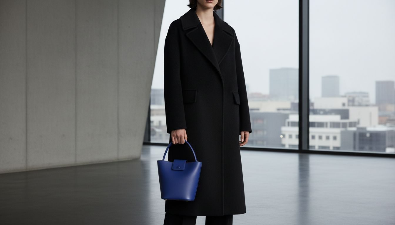 Женщина в черном шерстяном пальто держит строгую сумку-ведро цвета Electric Royal Blue.