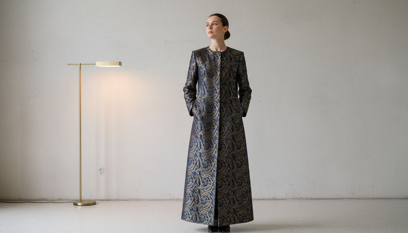 Женщина в длинном, структурированном пальто из синего и золотого броката, застегнутом наглухо.