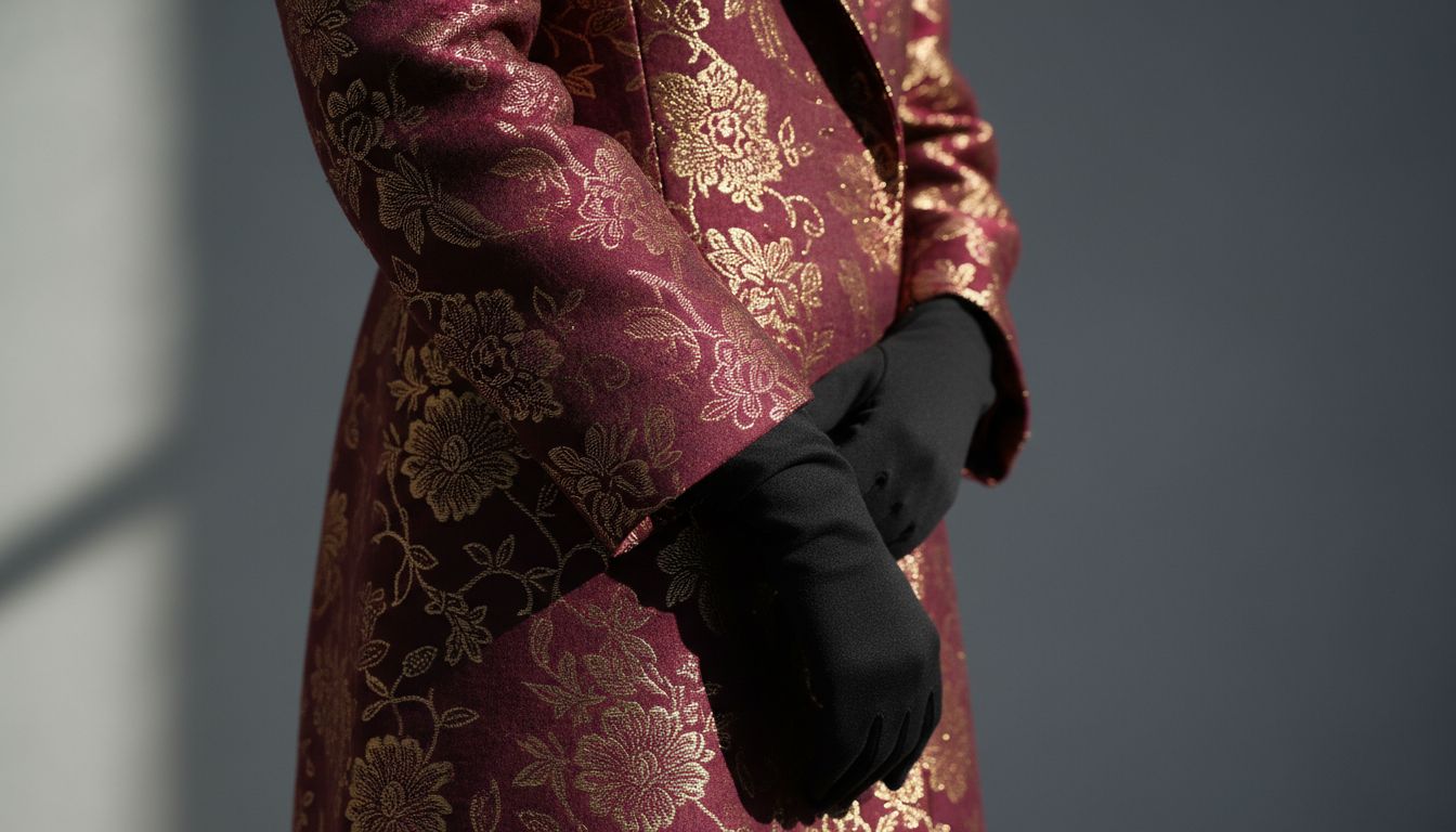 Деталь крупным планом: рукав пальто из бордового броката, контрастирующий с матовыми черными оперными перчатками.