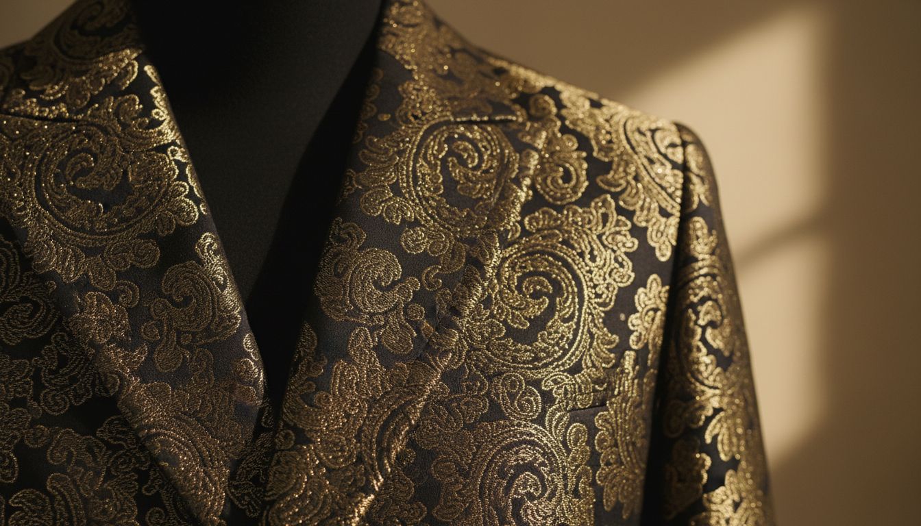 Крупный план: воротник и лацкан пальто из черного броката с крупным золотым узором пейсли.