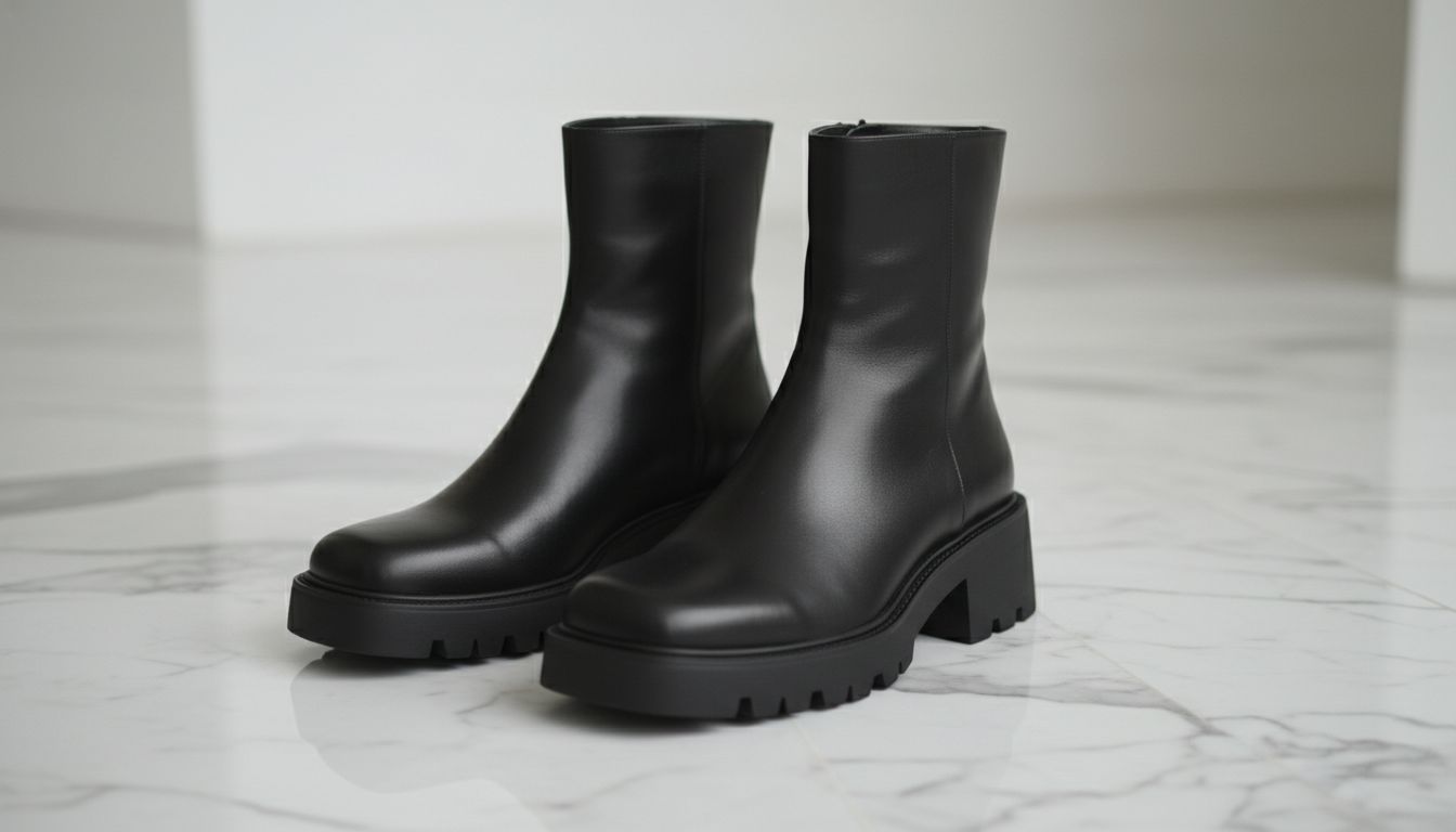 Черные ботильоны с массивным квадратным носом и толстой подошвой, стоящие на мраморном полу.