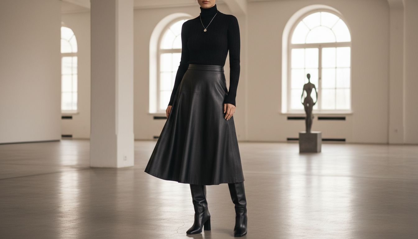 Модель в длинной черной кожаной юбке и высоких сапогах с квадратным мысом и тонким, но устойчивым каблуком.